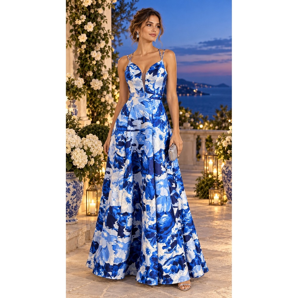 Sequin Hearts Women Floral Maxi Dress 0 Blue Formal Prom Gown Hoco Romantic Glam